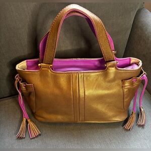Vintage Y2K Diane Gail Lambskin Leather Gold Metallic & Purple Satchel Handbag💜